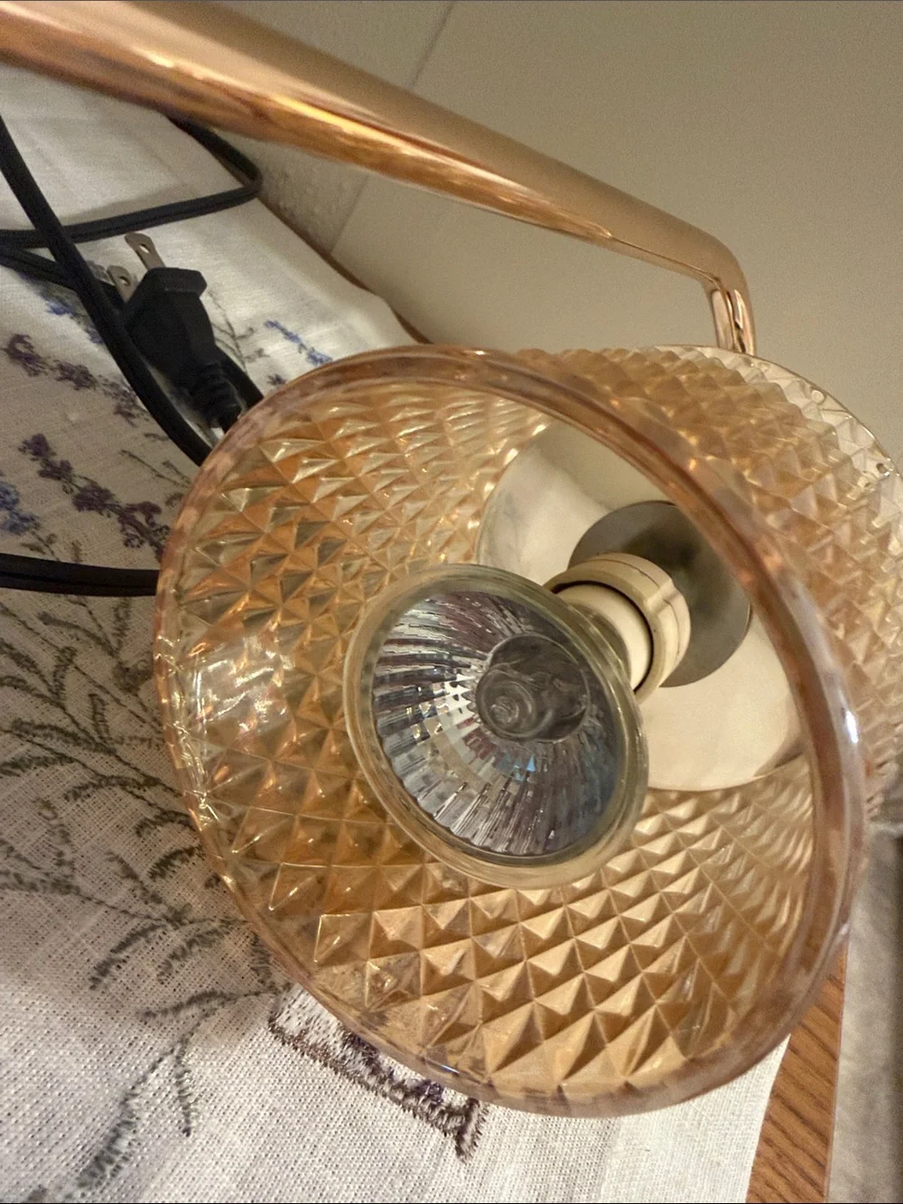 Amber Glass Candle Warmer with Gold Stem and Oak Base